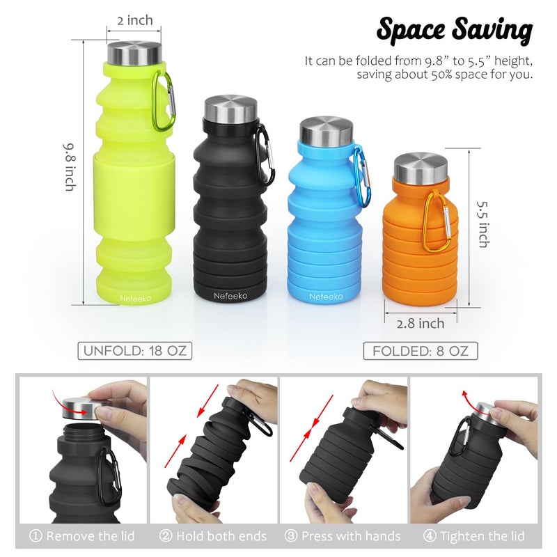 Nefeeko Collapsible Water Bottle, 18floz Reuseable BPA Free Silicone Foldable Bottles for Travel Gym Camping Hiking, Portable Leak Proof Sports Water Bottle with Carabiner - Image 2